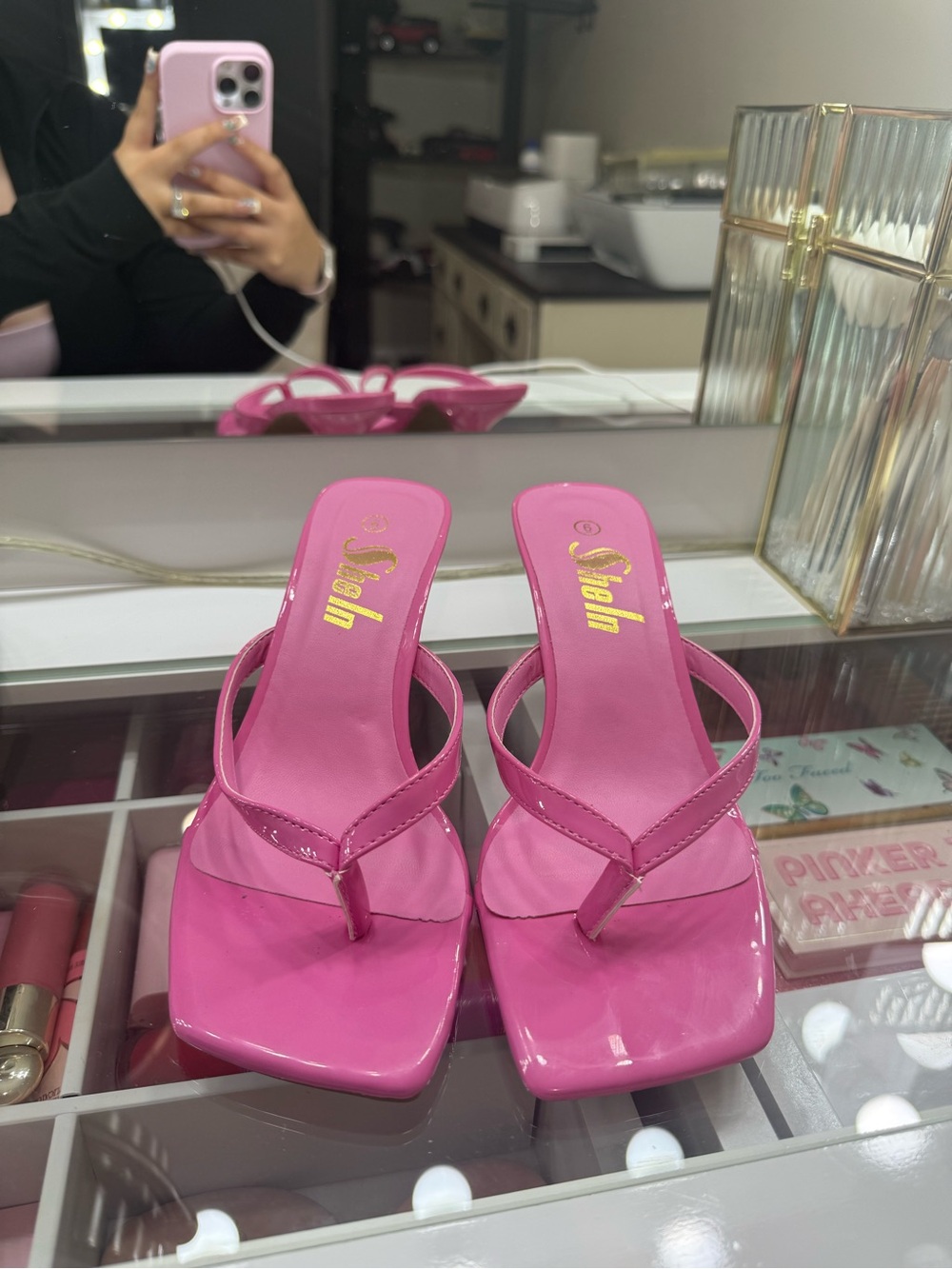 SHEIN Hot Pink Patent Square-Toe Thong Mules